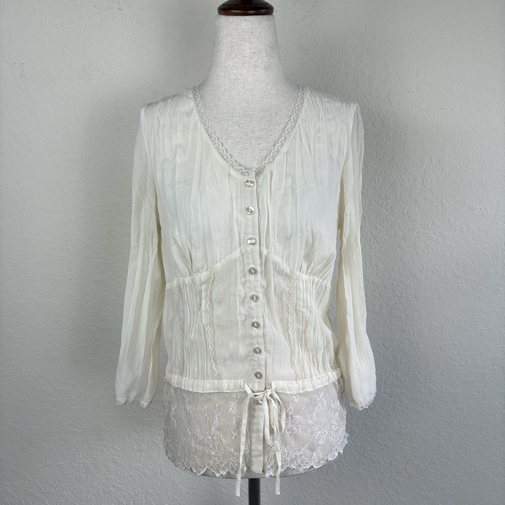 Vtg Bay Studio S Blouse White 3/4 Sleeve Button Victorian Gothic Y2k Crinkle Sp